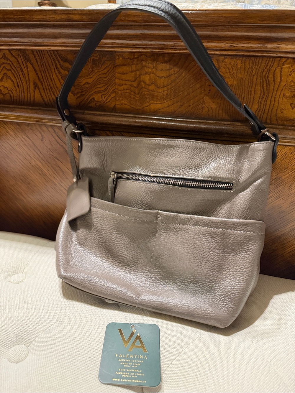 Valentina Taupe Leather Shoulder Bag with Black Strap